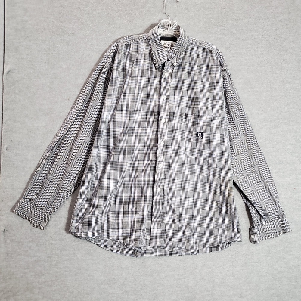 VINTAGE Cinch Men Button Up Shirt Large Black Check Plaid Logo Pockets Y2K READ
